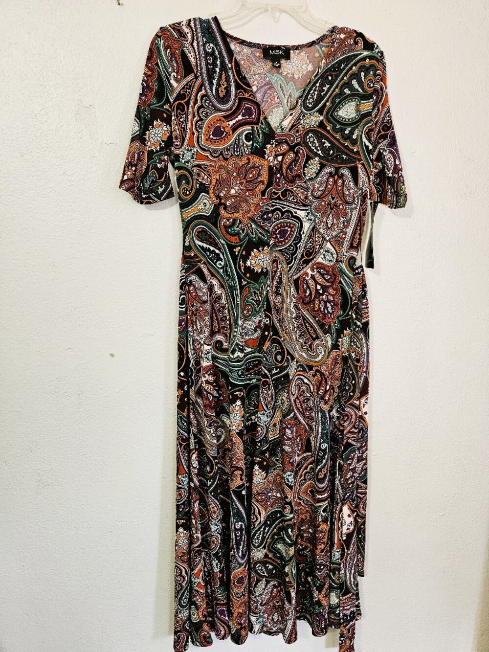 MSK Women Black Multicolored Paisley Short Sleeve Belt Tied Sixe Small